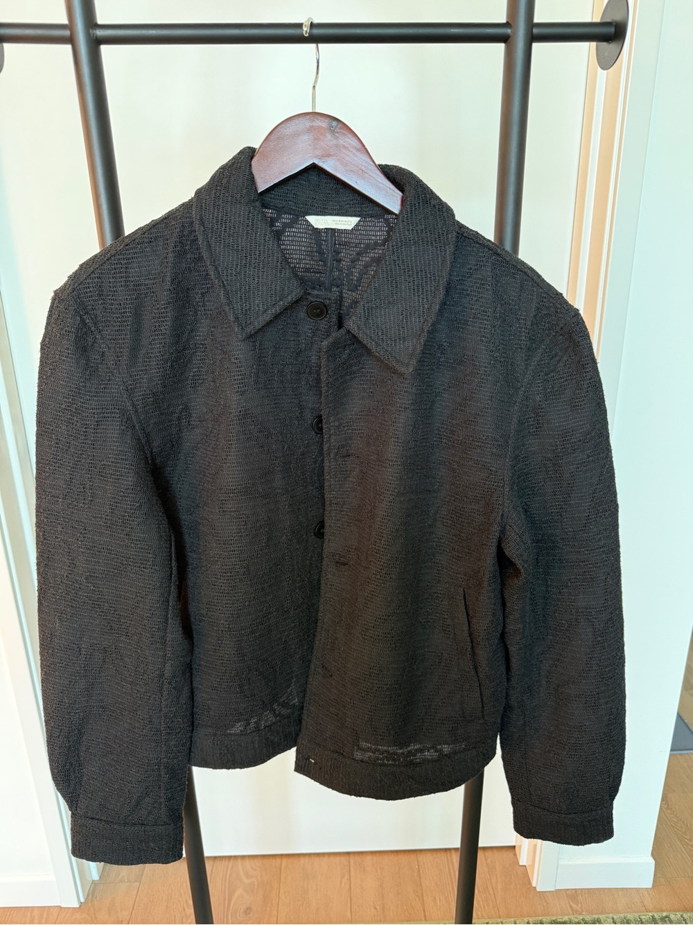 Zara Black Textured Button-Front Shirt Jacket